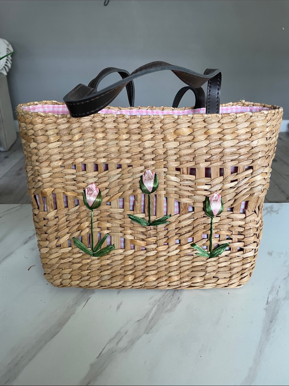 Woven Straw Tote Bag with Pink Tulip Accents